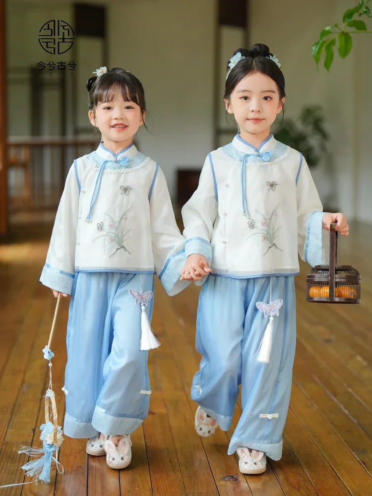 Осенний костюм Hanfu для девочек, новинка 2024, антикварный детский топ в национальном стиле Тан для маленьких девочек