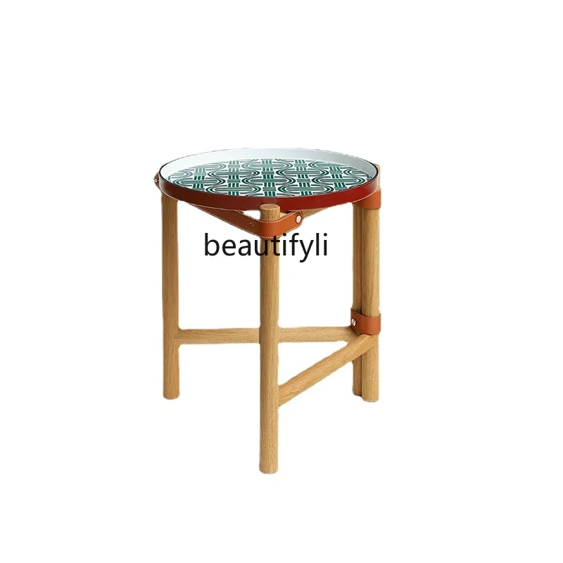 Zhonggu Heart Lock Color Porcelain Ash Wood Saddle Leather Removable Tray Side Table Tea Table