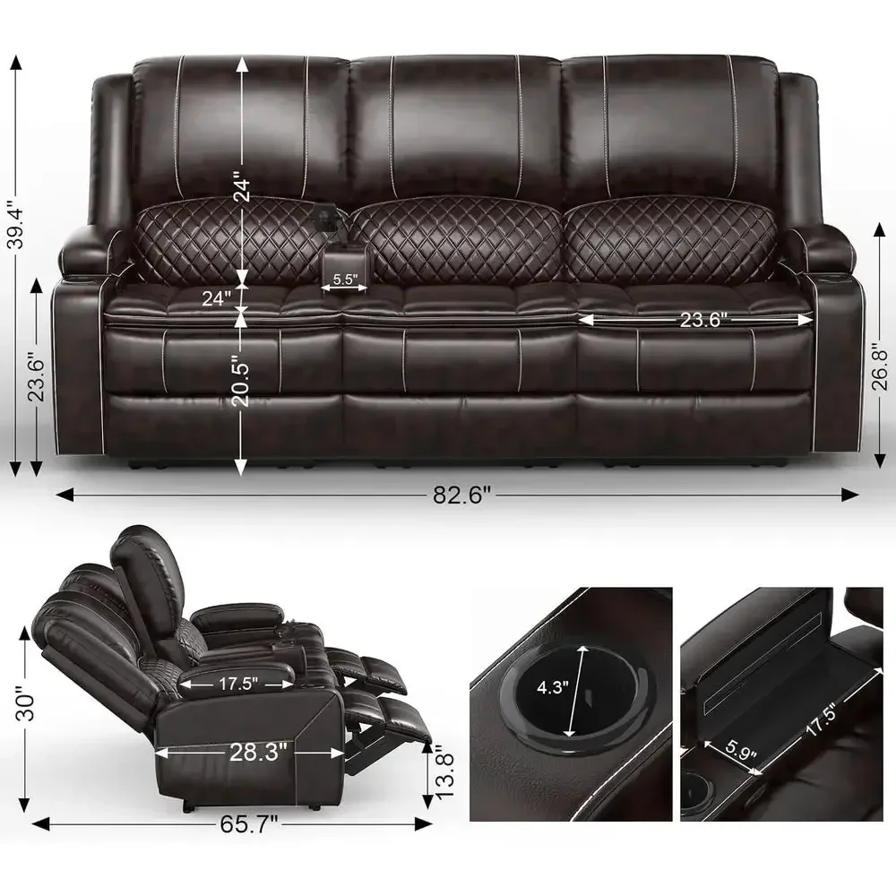 Tri-Seat Manual Reclining Sofa with Multifunctional Middle Seat, Storage, Cup Holders, Removable Cover - Brown PU Leather