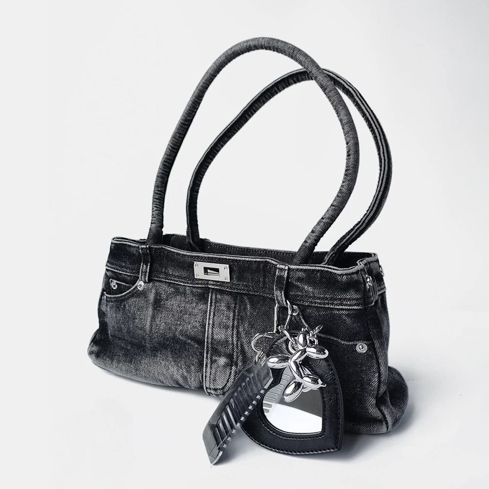 

Retro Fashion Washed Denim Hand Pants Styling Underarm Bag 2025 New Fashion Shoulder Bag With Comb Mirror Cartoon Pendant