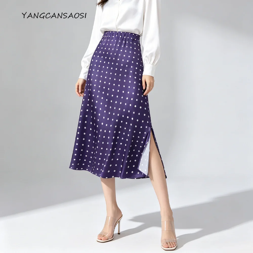 Blue Purple Polka Dot Print 45 Degree Oblique Cut 93% Natural Mulberry Silk Elastic Satin Elastic Waist Women's Split Hip Skirt
