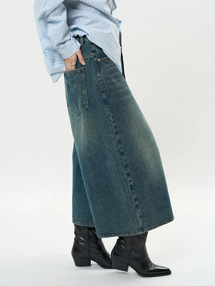 [EAM] High Waist Blue Denim Vintage Calf-Length Wide Leg Jeans New Women Trousers Fashion Tide Spring Autumn 2025 1DH9244