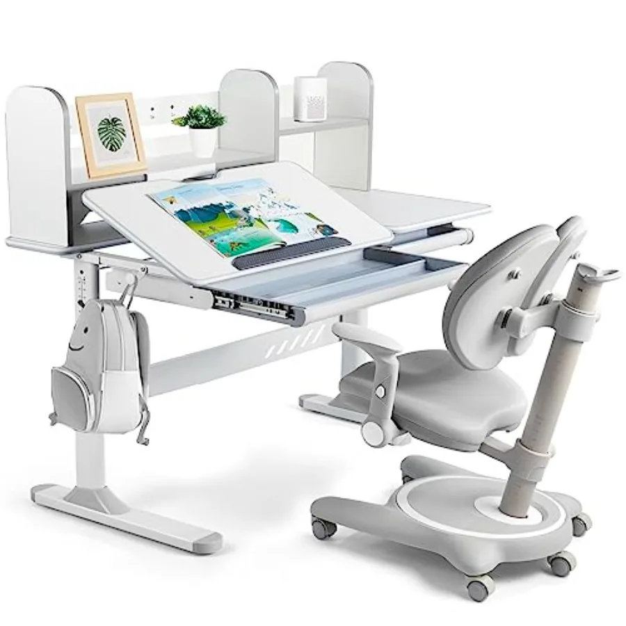 

Adjustable Desk and Chair Set with Hutch, with Two Storage Drawer, Tilt Desktop, Height Adjust for Home School Use, for Girls B