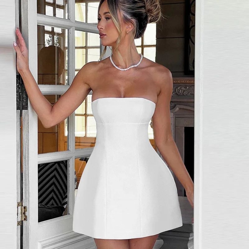 

Fashion Strapless Slim Mini Dress Women Backless Sleeveless High Waist A Line Dresses 2025 Elegant Female Evening Party Gowns