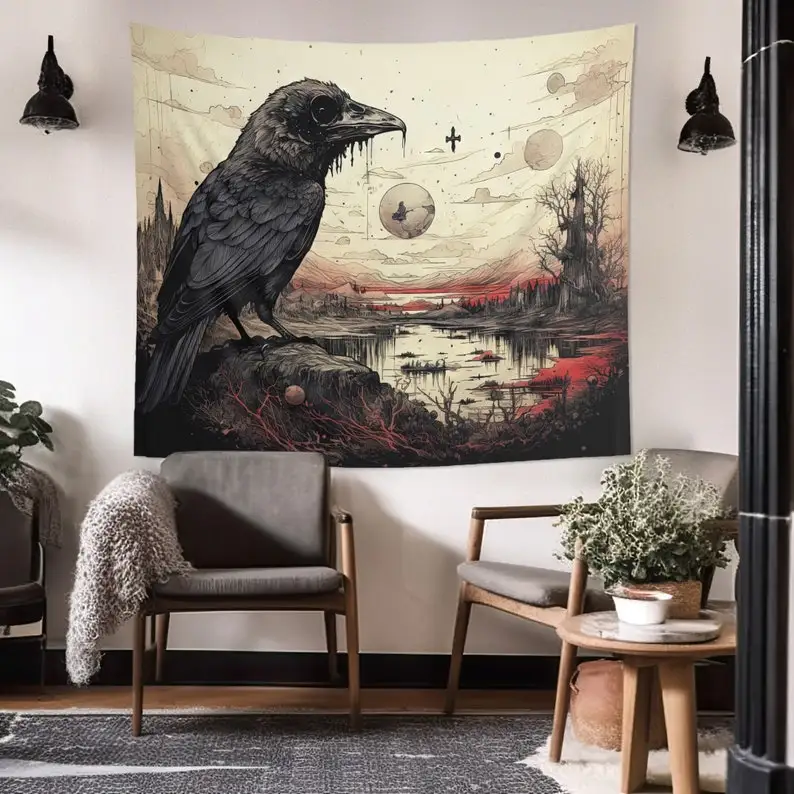 Gothic Crow Wall Tapestry, Renaissance Era Aesthetic, Witchy Occult Altar Cloth Living Room & Ritual Space Decor