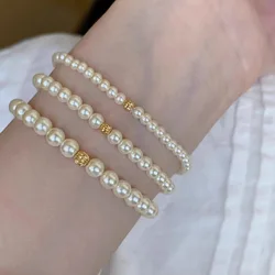 VENTFILLE 925 Sterling Silver 3-5CM Pearl Bracelet For Women Golden Beads Round Elastic Romantic Retro Jewelry Gift Dropshipping