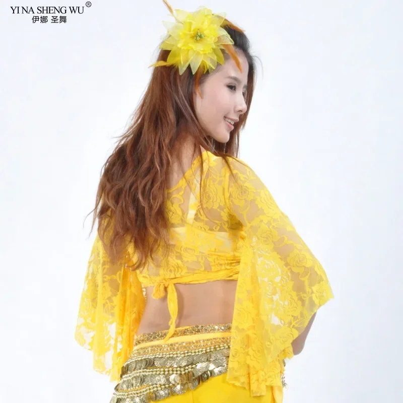 Blusa de renda para dança do ventre, manga borboleta, prática de dança, xale, renda com cadarço para mulheres adultas, manga trompete, blusa de dança quadrada