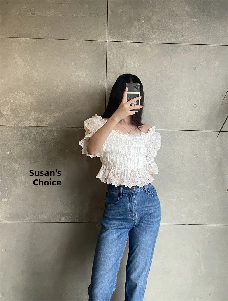 Susan Faionable Casual Lente Zomer ort Sve Gevouwen oulder Houten Wit Geplooide ort Top Dames Busin Casu...