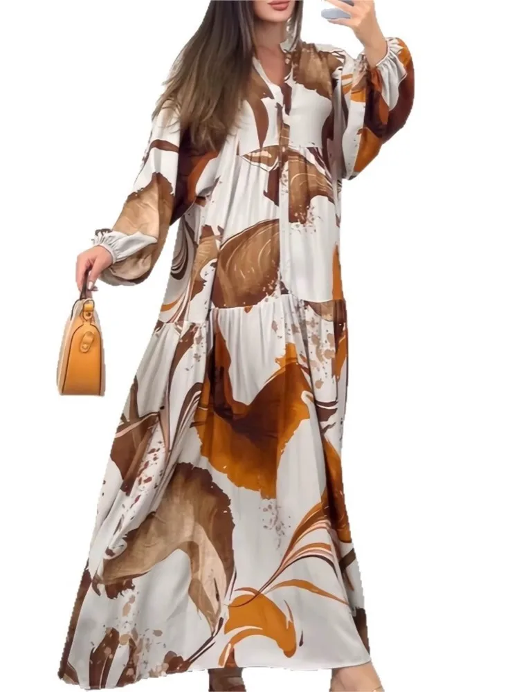 Printed Loose Shirt Long Dresse for Women's Long-sleeved V-neck Dresses New Fashion Spliced ​​elegant Female Casual Robe 2025