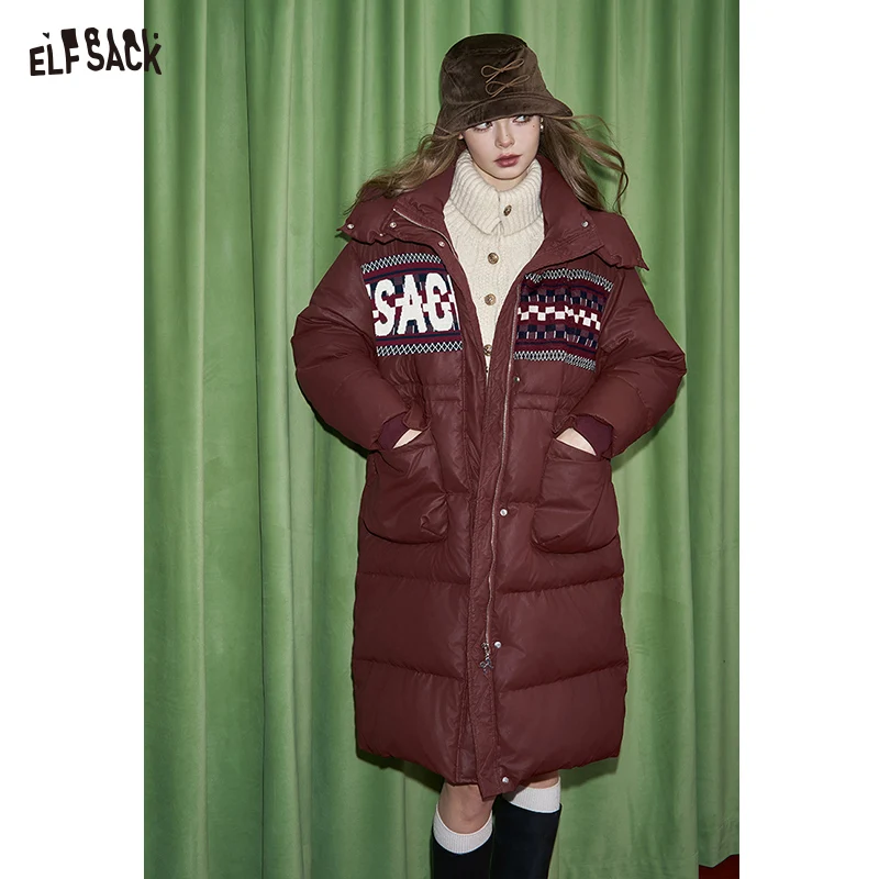 

ELFSACK 2024 Winter New Arrivals Maillard duck down PU leather long hooded down jacket for women