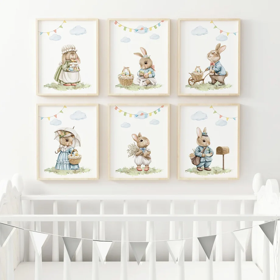 Cartoon Rabbit Nordic Posters And Prints Woodland Farm Animals Canvas Painting Bunny Nursery Wall Art Baby Kids Room Home Decor