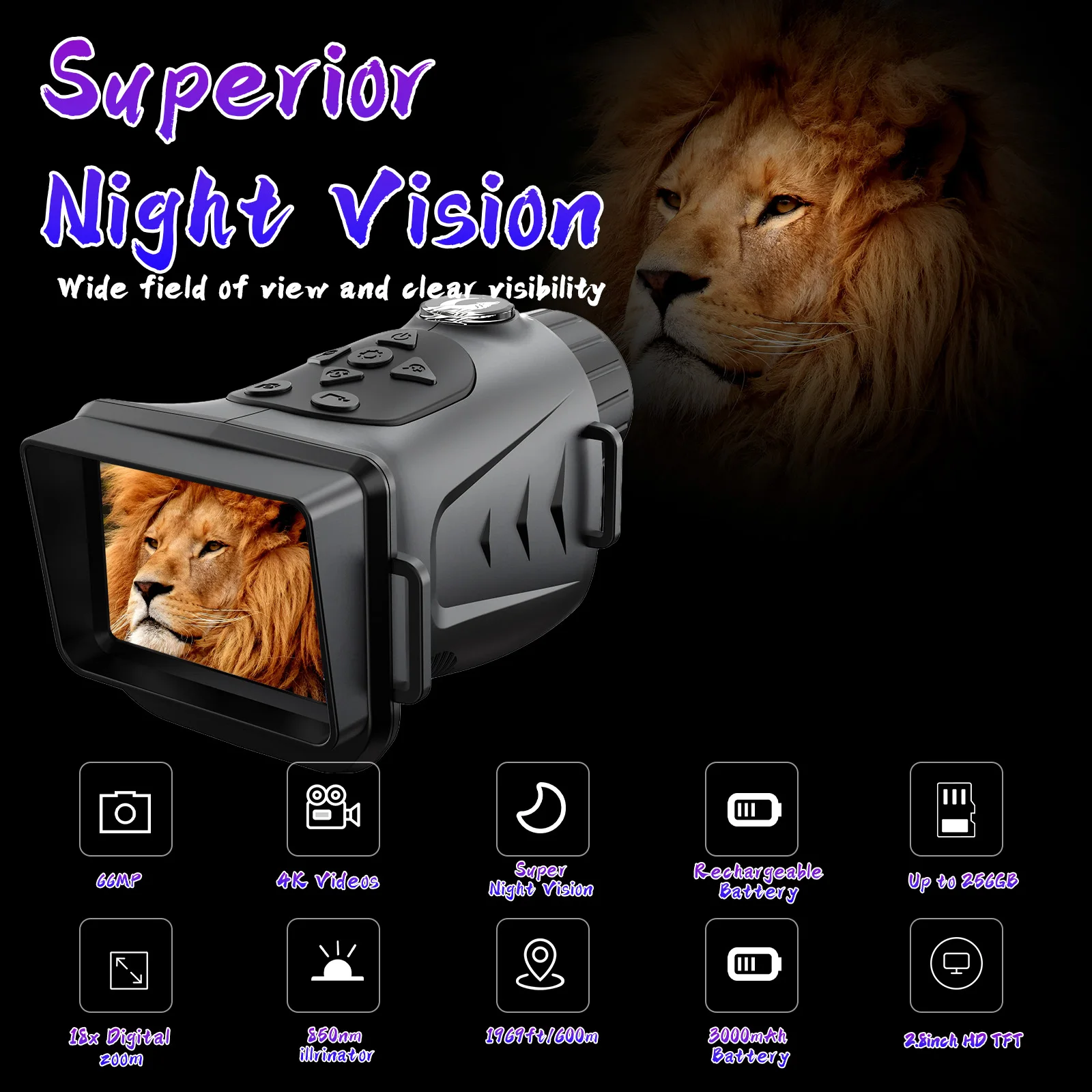 

Night vision monocular telescope, 18x zoom, 3000mAh battery, suitable for outdoor exploration camping and animal observation