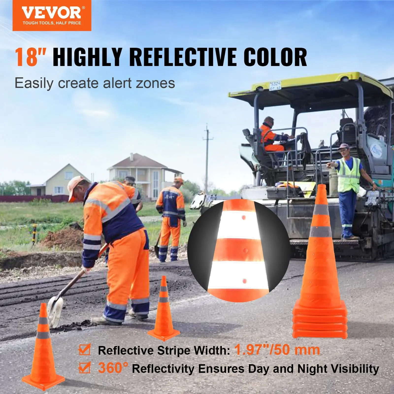 Safety Cones, 4 Pack 28 inch Collapsible Traffic Cones, Construction Cones with Reflective Collars, Wide Base and A Storage Bag