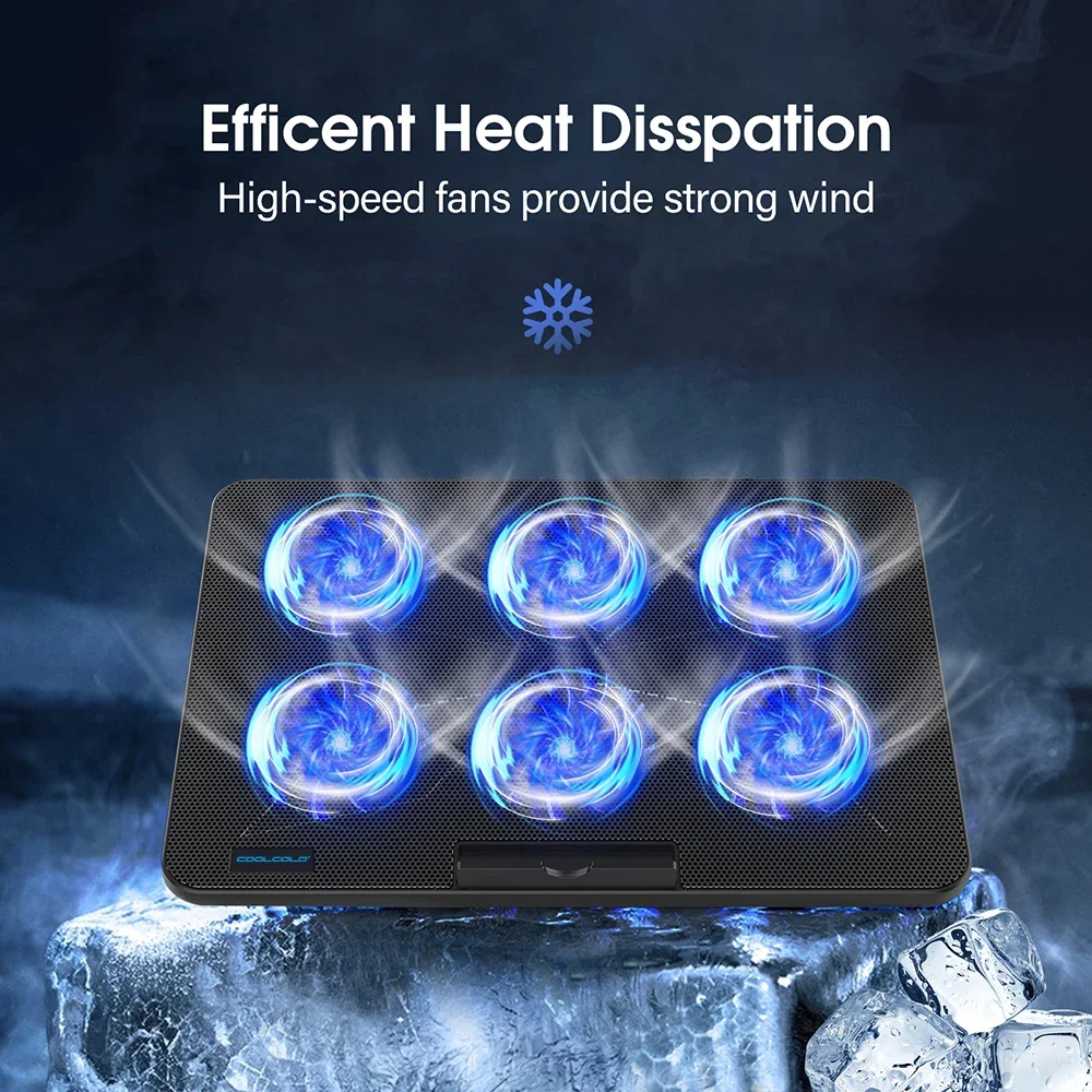 15.6-17.3-inch laptop cooling pad with 6 quiet fans, 7 adjustable airflow speeds, and a phone stand