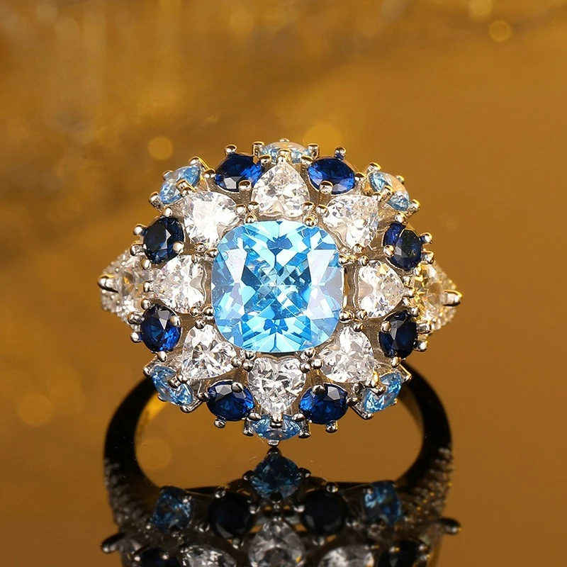 

Premium PT950 Platinum Artificially Cultivated Gemstone Sea Blue Women's Ring Exaggerated Jewelry Handmade Diamond Ring