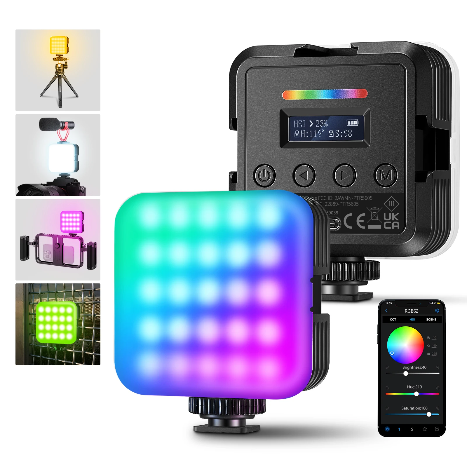 Магнитная RGB-видеолампа NEEWER RGB62, модернизированное управление через приложение, 360° °   Полноцветная светодиодная подсветка для камеры с 3-мя холодными башмаками
