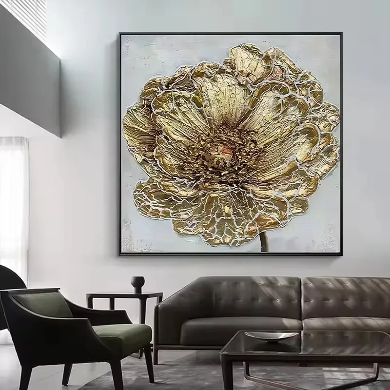 Modern Abstract Gold Flower Canvas Painting Handmade Oil Art Home Wall Decoration Luxury Plant Picture