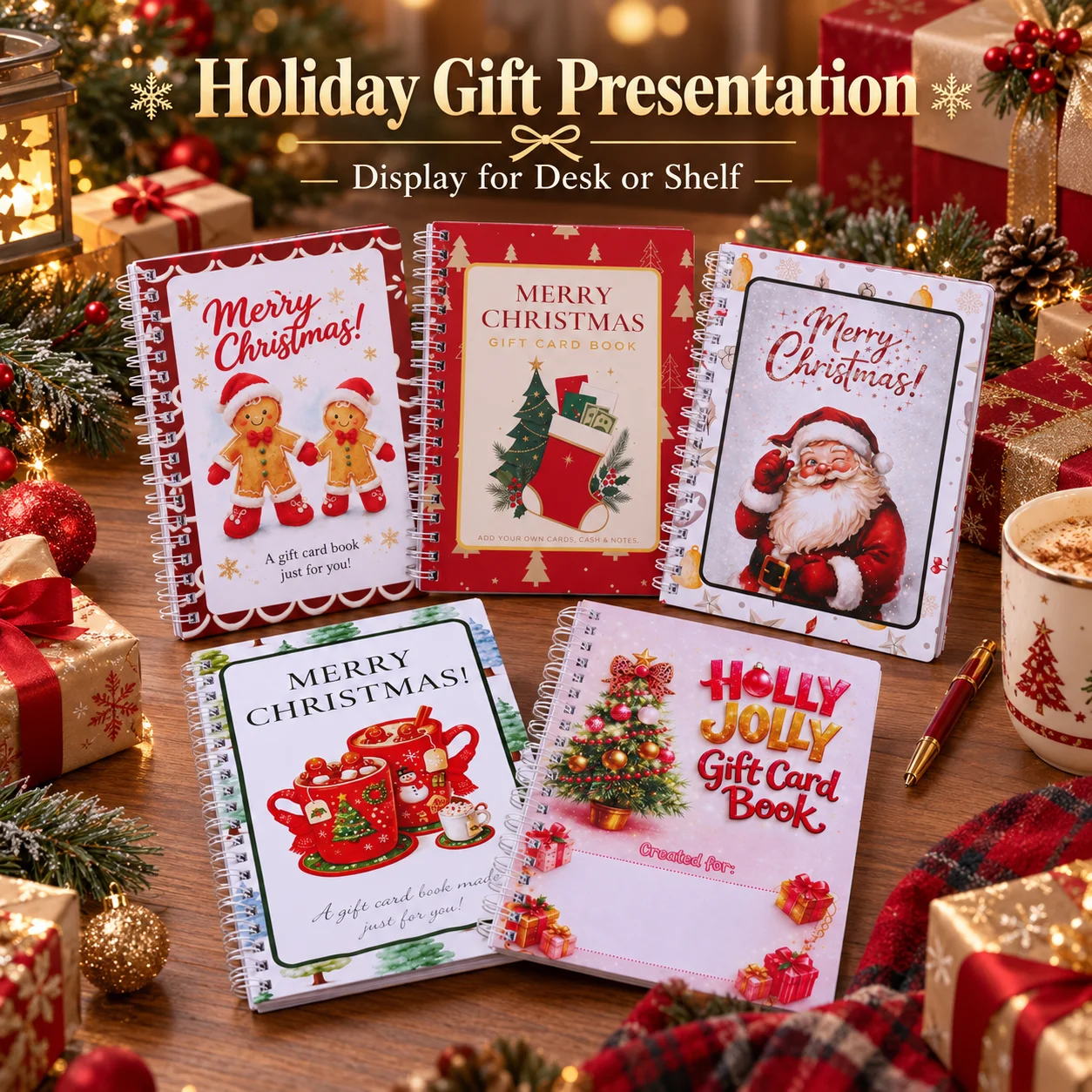 Gift Card Book, 5 Cute Cartoon Xmas Designs, Spiral Bound Portable Card Holder Organizer For Office Holiday Use Creative Gift
