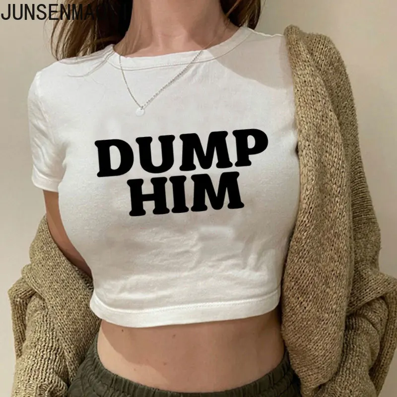 Dump Him Print Pattern Summer Short Sleeve O Neck Solid Color Cropped Navel Women Crop Tops Fashion T-Shirt