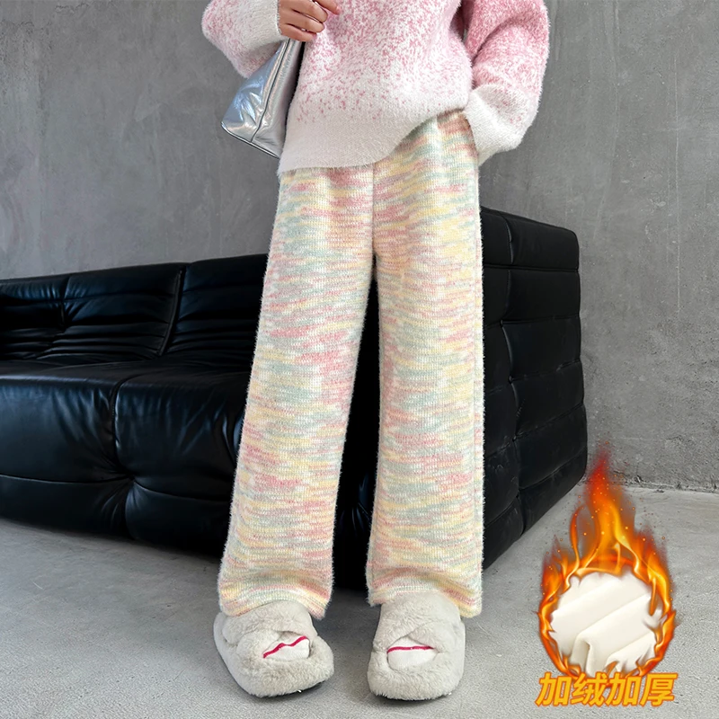 

Autumn Winter Girls Pants Teenage Warm Velvet Clothes Rainbow Knitted Wide-leg Long Pants Girls Clothes Children Trousers Soft