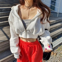 High Quality White Hooded Jacket Women Fashion Streetwear Cropped Sweatshirts Female Harajuku Zipper Drop Sleeve Hoodies Coat