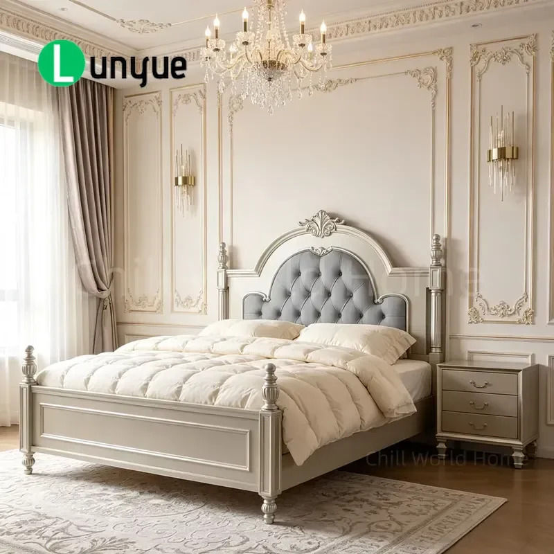 European Light Luxury Bed Button Tufted Upholstered Headboard Carved Wooden Frame For Hotel Home Furniture Elegant Design