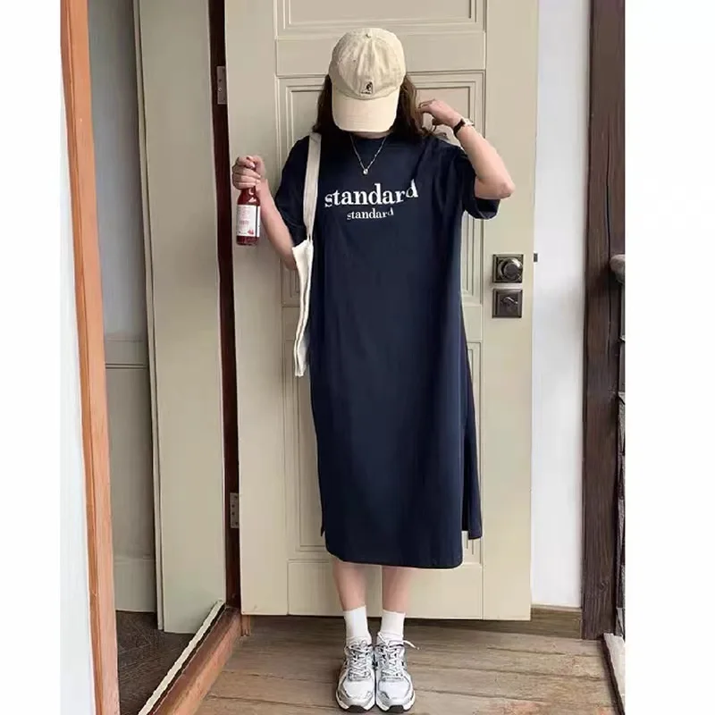 

Women Dress Round Neck Short Sleeve Printed Solid Color Simple Fashion Versatile Daily Casual Loose Mid Length Over Knee Dresses