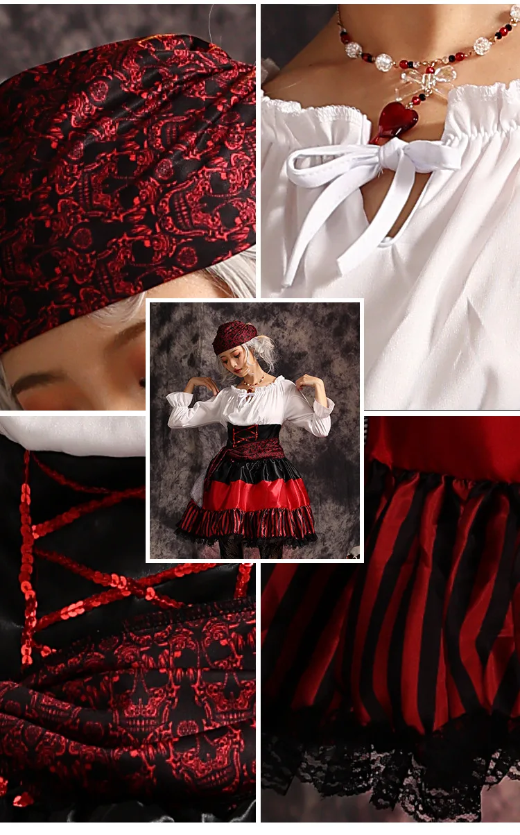 Costumes d'Halloween en Dentelle à Rayures Rouges pour Femme, Déguisement de Pirates, Carnaval, Boîte de Nuit, Robe de Navigateur, Tenue de Sauna