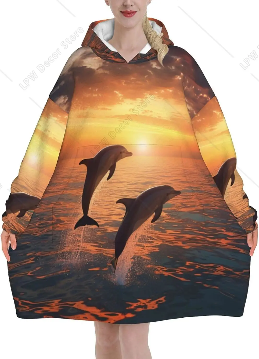 Sea Ocean Dolphin Wearable Blanket Hoodie Sunset Fish Oversized Sweatshirt Blanket Cozy Warm Sherpa Hooded Blanket