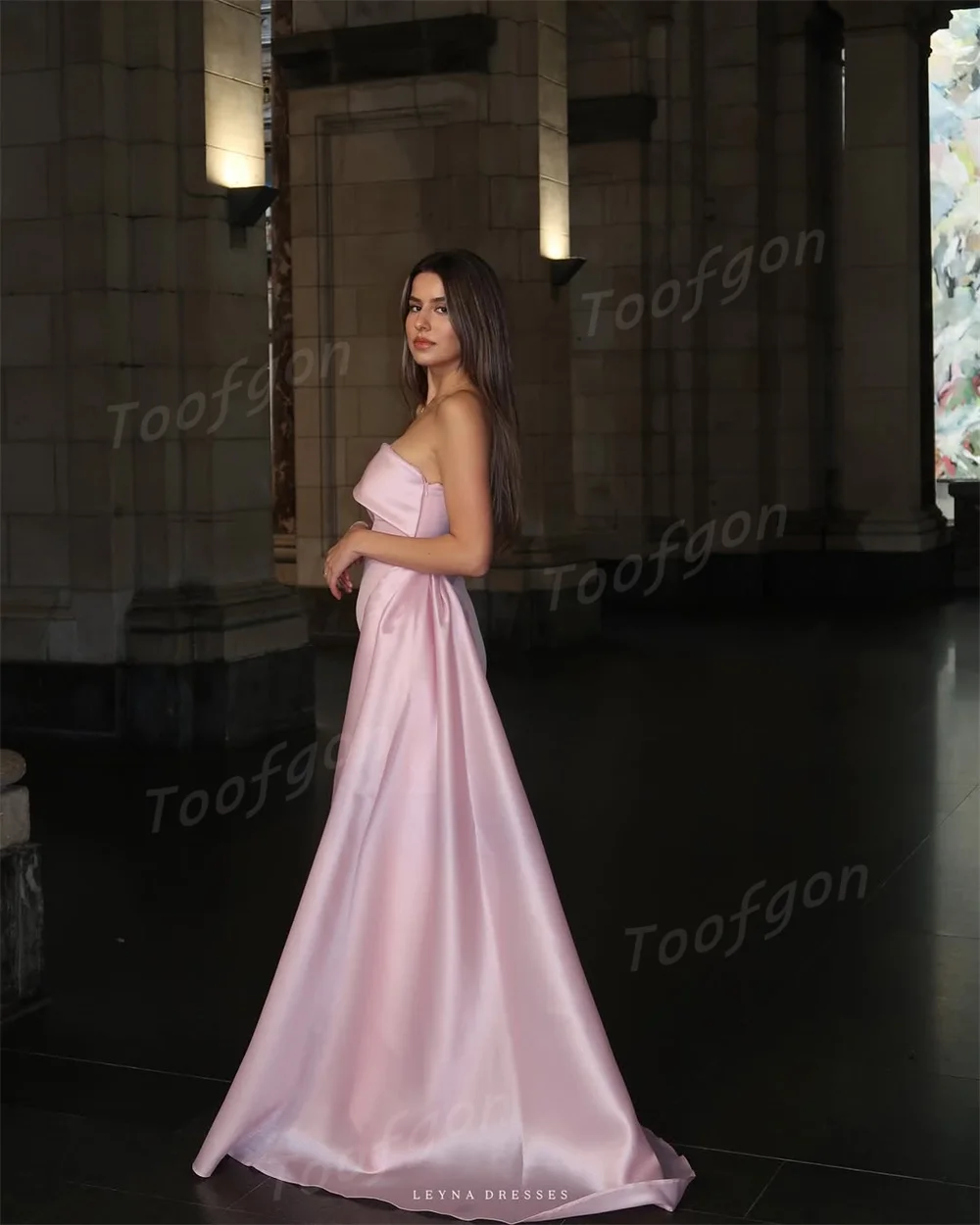 Toofgon Strapless 핑크 공식 파티 댄스 파티 드레스 Pleat 웨딩 드레스 특별 행사 스윕 기차 여성 이브닝 드레스 맞춤형