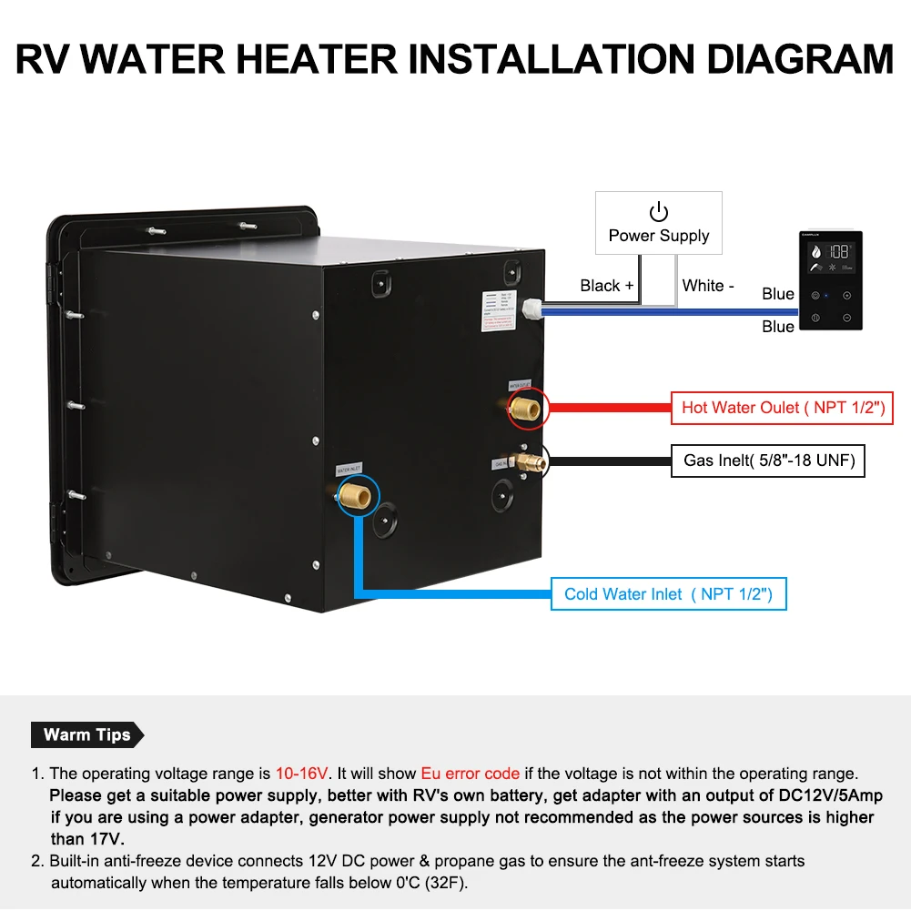Chauffe-eau CAMPLUX RV 65,000 BTU RS264B Chauffe-eau sans réservoir pour camping-car Max 3,9 GPM en demande avec télécommande et porte RV noire