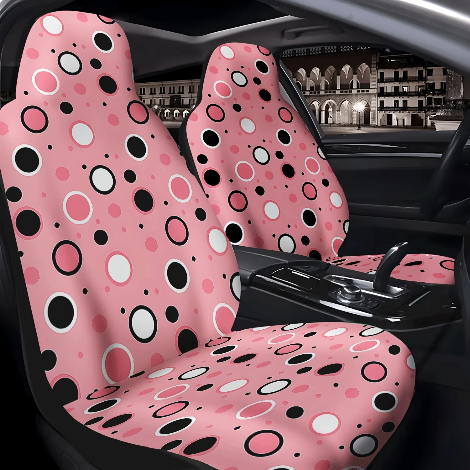 Two Pink Polka Dot Patterned Car Seat Covers, Cute Interior Additions For Front Seats, Suitable For Cars, Trucks, Vans, Suvs, An