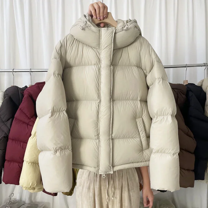 Winter New Lightweight Hooded White Duck Down Parka Loose Oversize Padded Student Puffer Jacket Women Zipper Padded Coat