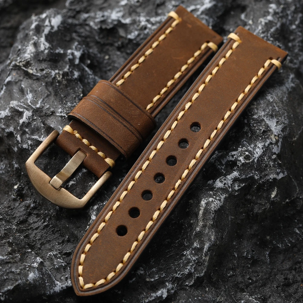 Handmade Head Layer Cowhide Watch Watchband 20 22 23 24 26MM Bronze Buckle Bracelet, Vintage Style, Brushed Leather Men Strap