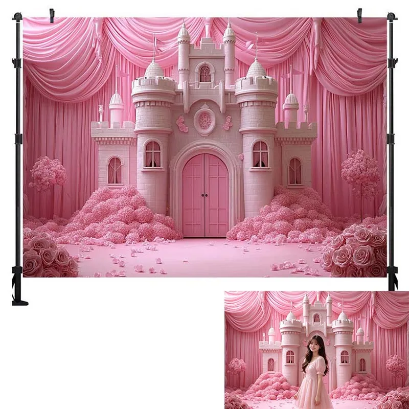 LS Photography Backdrop Pink Balloon Fairy Tale Castle Decoration Girl Princess Birthday Party Background For Photographs view 2
