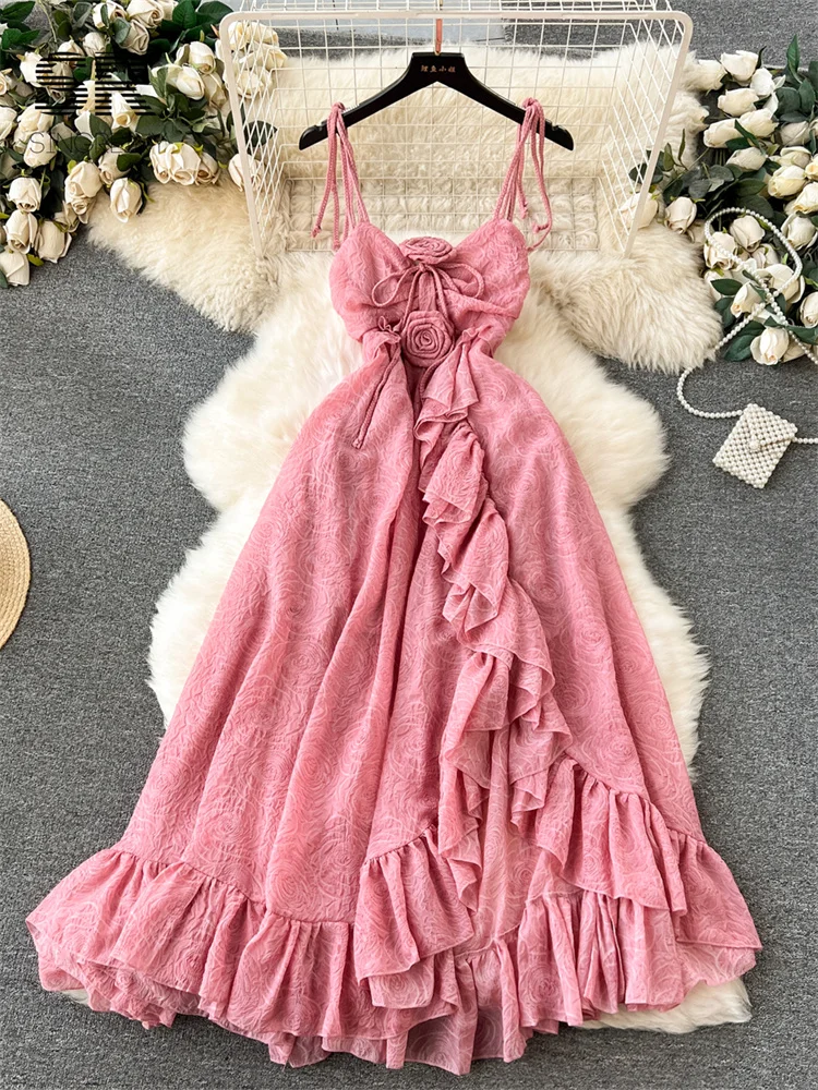 فستان صيفي غير منتظم بدون ظهر من SINGREINY فستان نسائي أنيق وردي أنيق بحزام زهرة نحيف للسيدات من قماش الجاكار على شكل حرف A #1