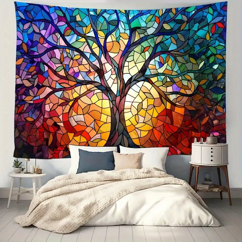 

Ethnic Tree of Life Tapestry Stained Glass Motif for Bedroom Living Room Easy to Install Bohemian Home Decor Gift