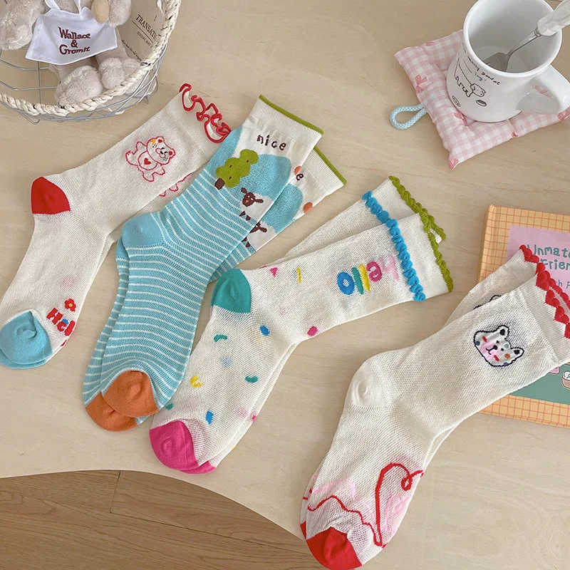 Ladies Spring Summer Cartoon Bear For Teen Girls Socks Wooden Ear Edge Candy Cotton Color Sweet Girly Mesh Mid Tube Stockings