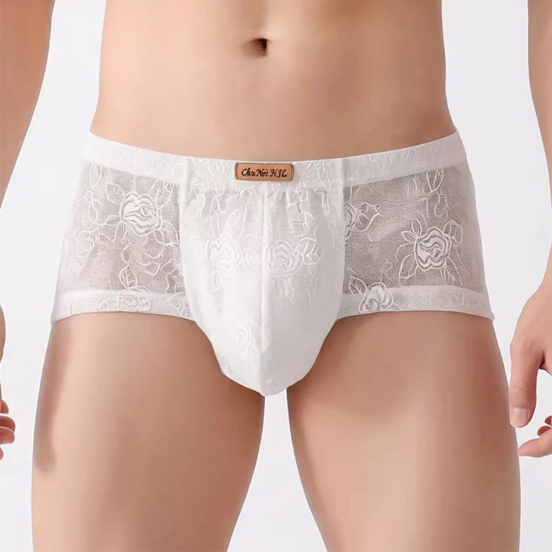 Men Sexy Ice Silk Lace Briefs Undies Summer Thin Cool Panties U Bulge Pouch Underwear Quick Drying Breathable Underpants Slip