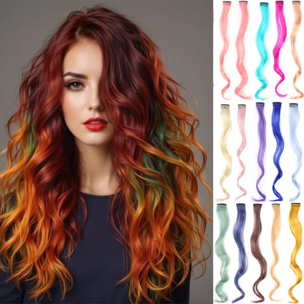 

20 Inch Colourful Curly Wavy Party Highlights Clip in Synthetic Hairpieces for Women - 8 Pack Curly Colored Hair Extensions