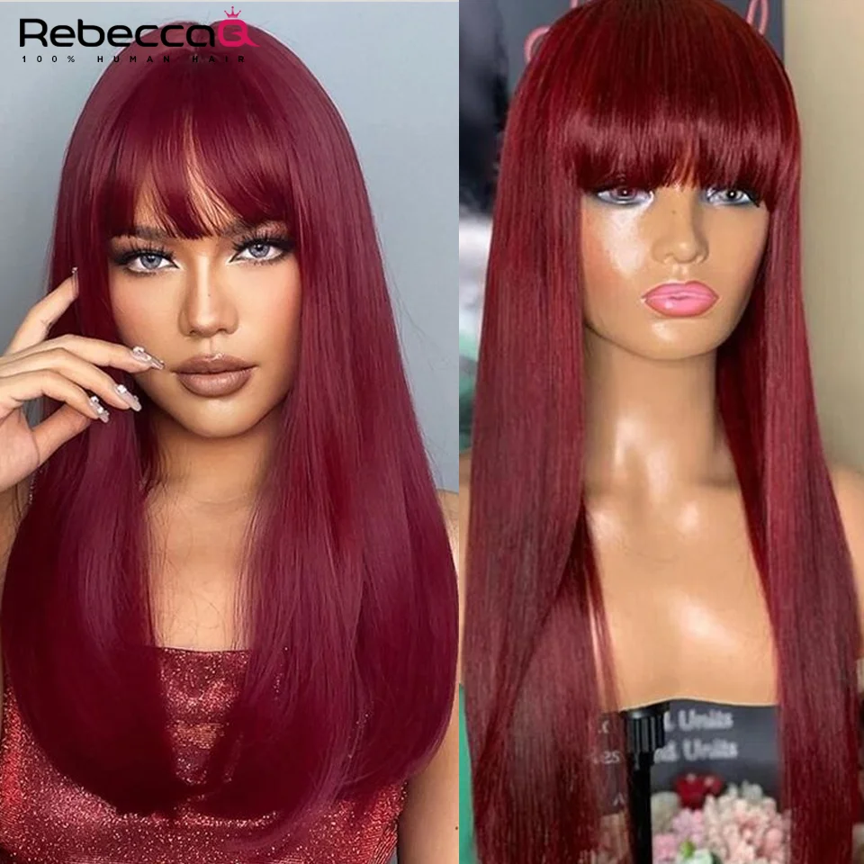 Wear to go 99J Wig Burg Red Bone Straight Human Hair Wig With Bangs For Women Brazilian Remy Hair Colored Halloween Cosplay Wigs - Image 2
