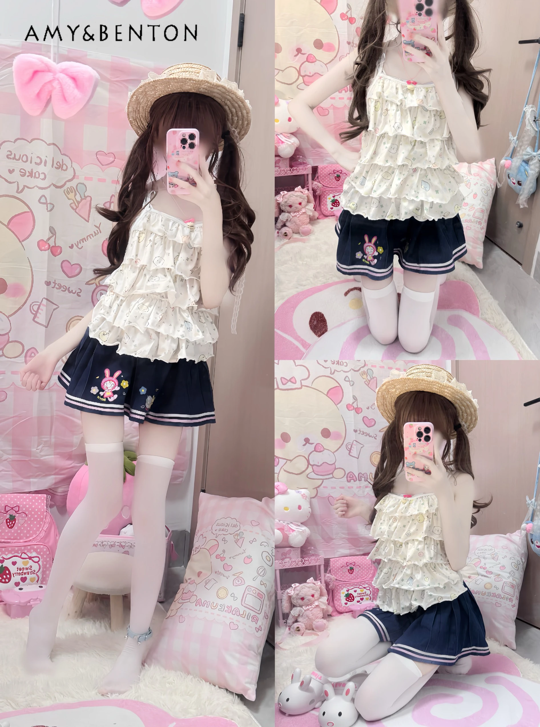 Sexy Sweet Girl Suit Summer Japanese Cute Cartoon Print Multi-layer Suspender Top High Waist Mini Skirt Two-piece Suit Women