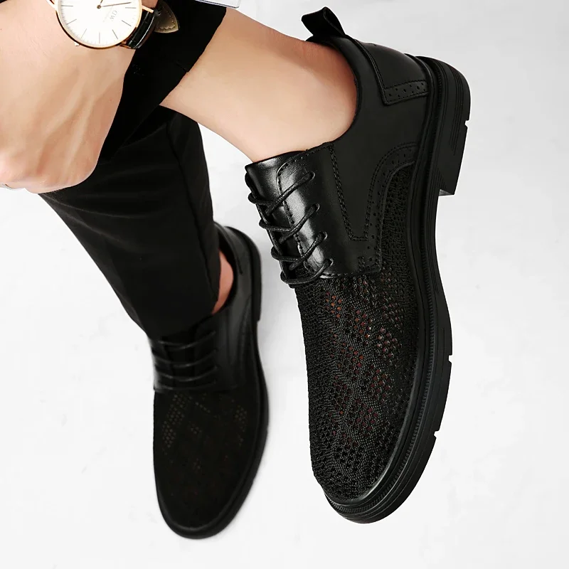 Hollow Out Mesh Casual Shoes Leisure Walk Business Shoes Lace-Up Formal Dress Footwear Klasyczne, wysokiej jakości męskie buty Oxford