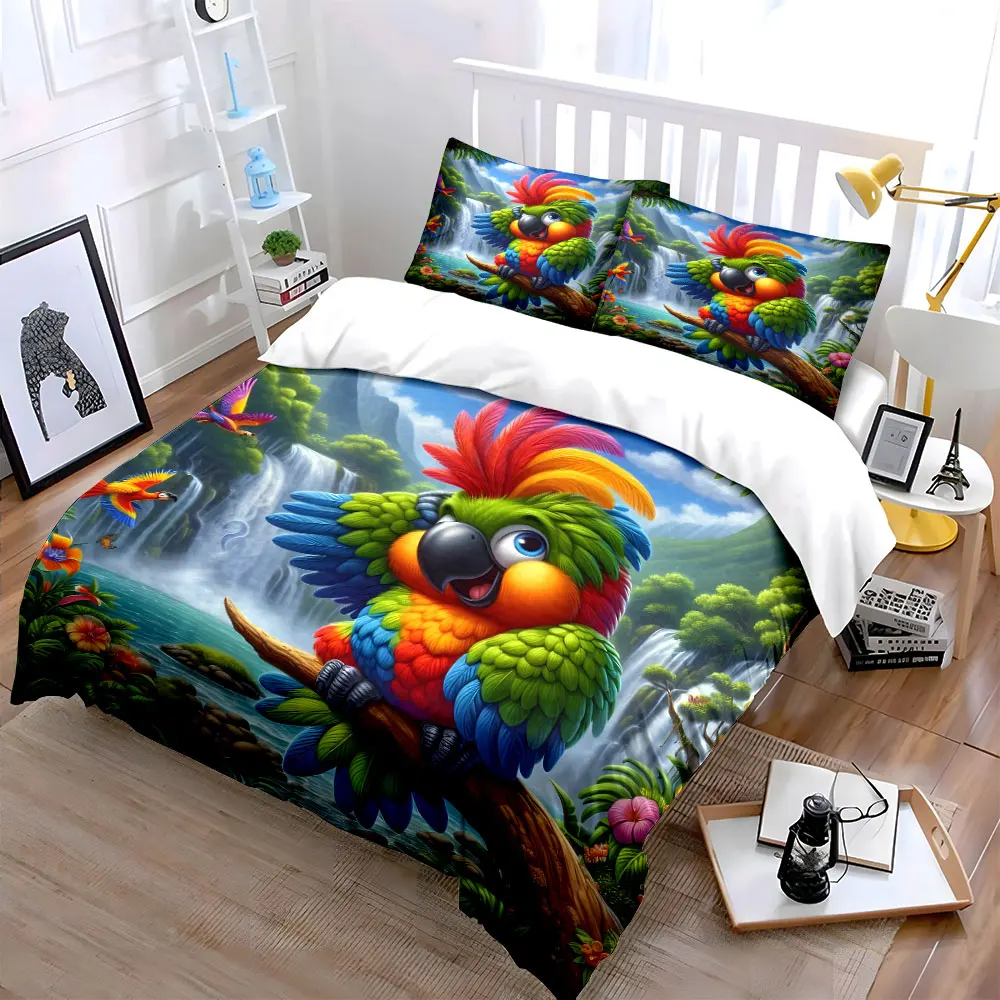 Rainbow Parrot Tropical Rainforest Print Soft Comfortable Duvet Cover Bedding Set Included 1*Duvet Cover 2*Pillowcases