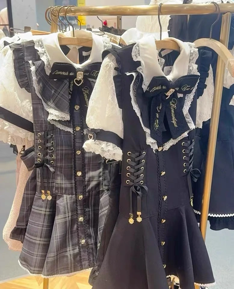 Liz Dress Set Girls Japanese Mines Mass-produced Sweet Diamond Buckle Love Bow Lolita Outfit Lace Short-sleeved Dress Shorts