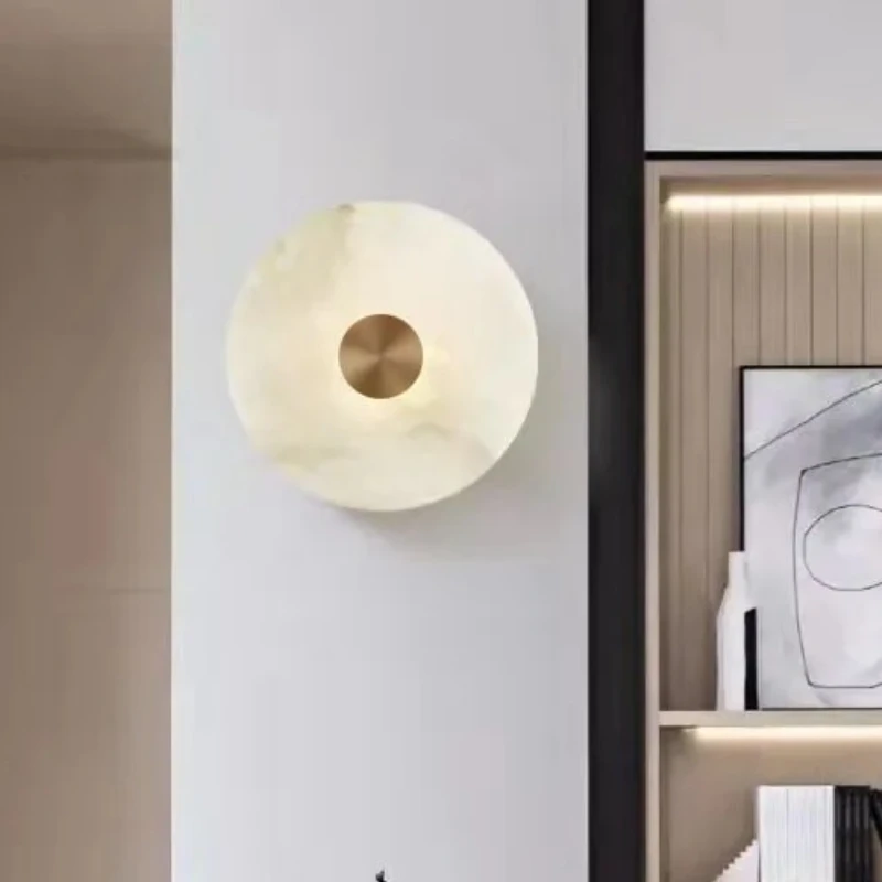 Art Deco Round LED Wall Sconce Natural Marble Brass Parlor Aisle Corridor Wall Lights Atmosphere Decoration Lamp Drop Shipping