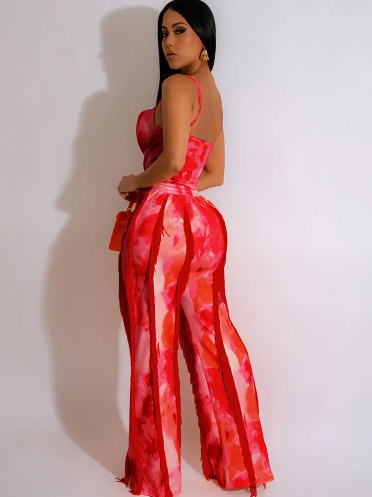 Tie Dye Printing Two Piece Set for Women Pant Sets Birthday Outfits Clubwear Bodysuit Top and Fringe Tassel Pants Matching Sets