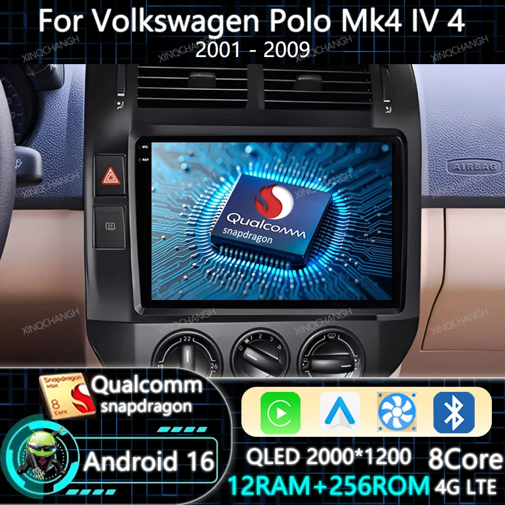 Android 16 Car Radio Carplay Auto For Volkswagen Polo Mk4 IV 4 2001 - 2009 Multimedia Video Player GPS BT Head Unit 4G WIFI 2DIN