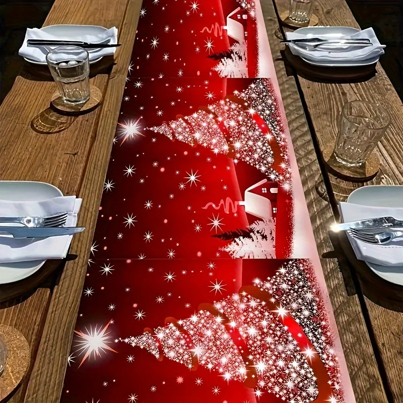 VIKAMA Christmas Red Snow Scene Table Runner Snowflake Holiday Gathering Living Room Dining Table Christmas Party Decorations