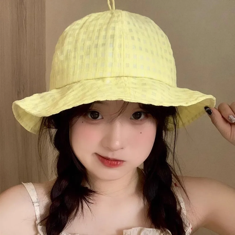 

Ins Japanese Plaid Bucket Cap Summer Short Brim Fisherman Caps Versatile Sweet Women's Sun Hat Travel